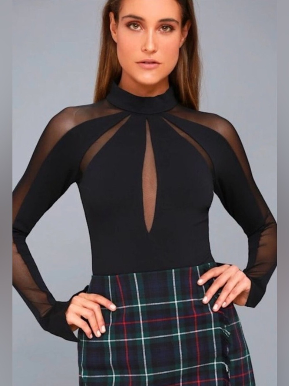 Free People Size L Monarch Black Mesh Long Sleeve Top